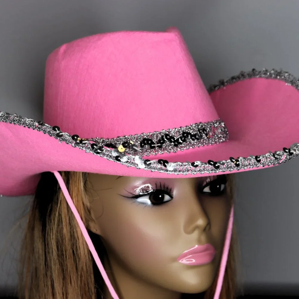 Women's Cowboy Hat with Sequin and Rhinestone Trim - Pink - Picture 2 of 2